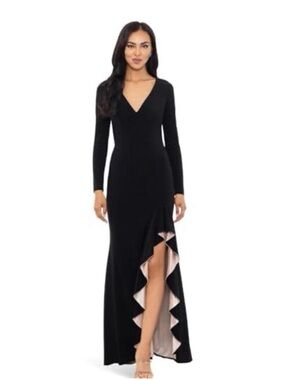 Xscape Black Long-Sleeve V-Neck Maxi with Contrast Ruffle Slit